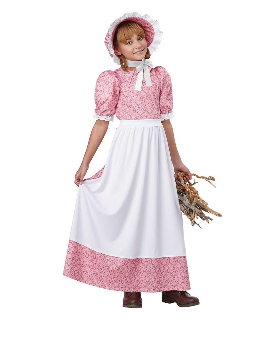 Pink Floral Puff-Sleeve Midi Dress with Eyelet Lace